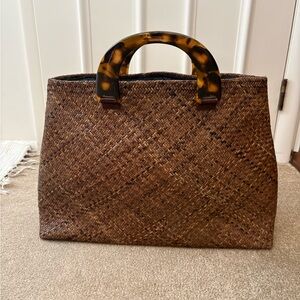 Elegant Brown Intricate Woven Tote with Tortoise Shell Handles
